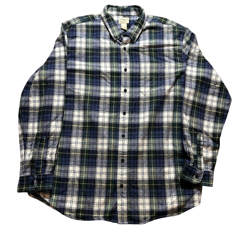 LL Bean Button Down Shirt Mens XXL Tall Blue Green Plaid Slightly Fitted Cotton